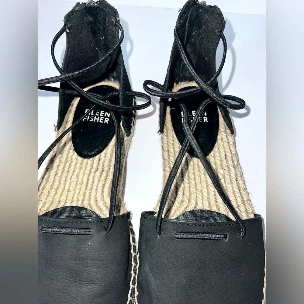 Eileen Fisher Sandal‎ Elastic Lace Up Espadrille Women Shoe Black Leather Sz 6